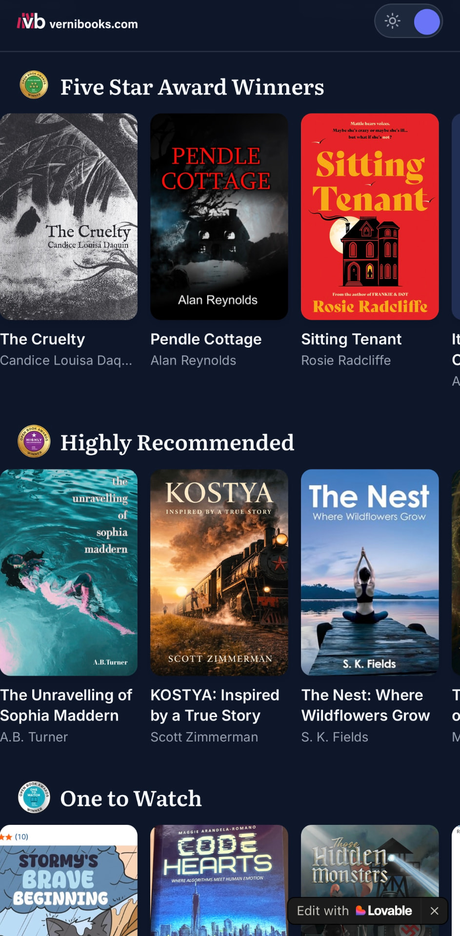 vernibooks.com showing award winning books in Five Star Award Winners and Highly Recommended sections